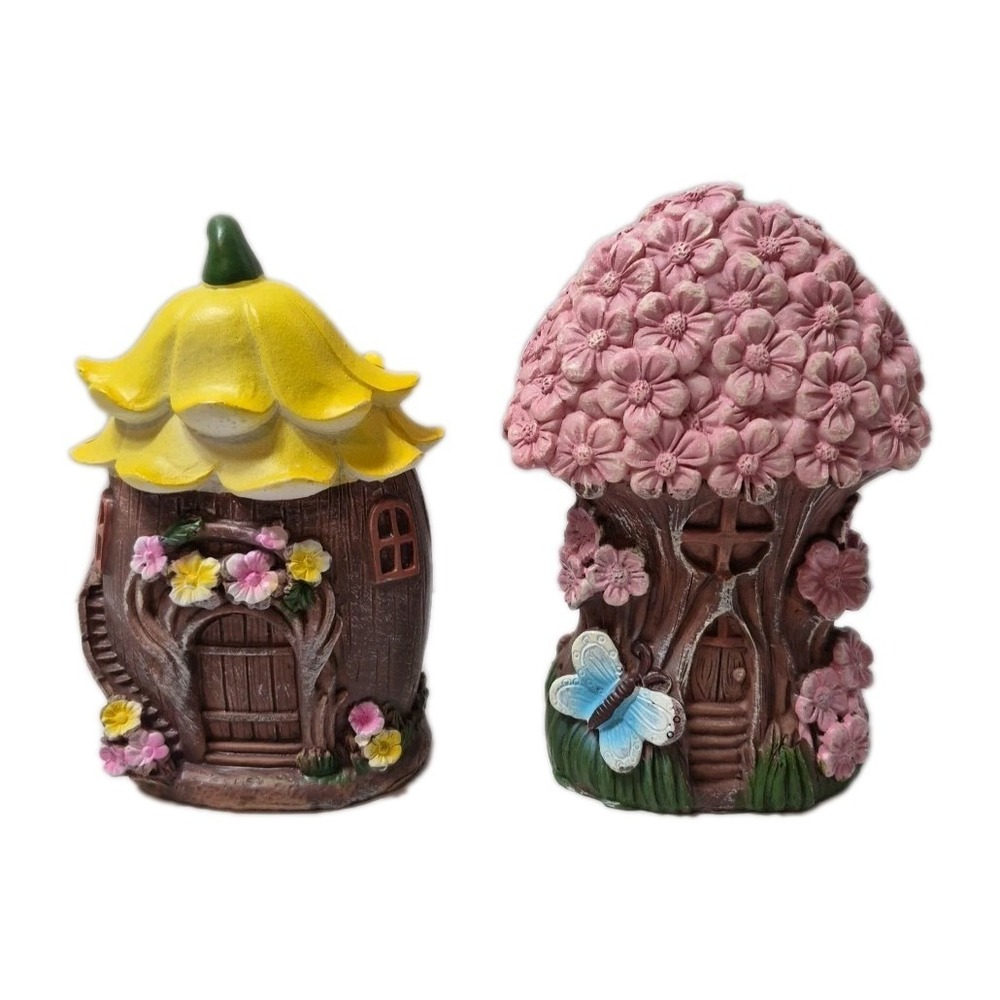 (2) FAIRY GARDEN FOREST RESIN FIGURINES- Butterfly & FLOWER HOUSE- Spring Easter